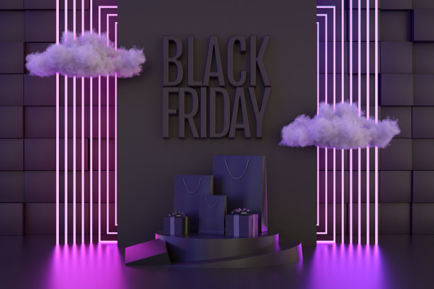 3D黑色星期五概念，礼品盒和购物袋与霓虹灯在黑色背景图片下载