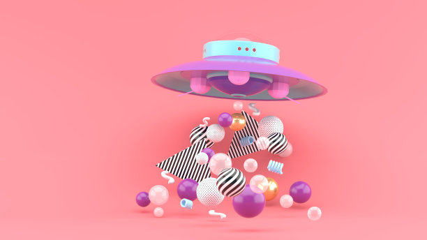 不明飞行物在粉红色背景的彩色球之间。3 d渲染。图片下载
