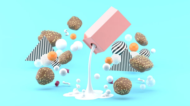 牛奶和饼干在蓝色背景上的彩色球中。3 d渲染。图片下载