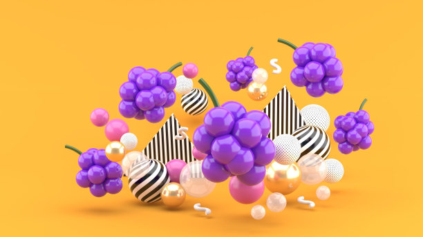 橙色背景上五颜六色的球中间有葡萄。3 d渲染。图片下载