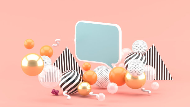 在粉红色背景的彩色球之间的文本框。3 d渲染。图片下载
