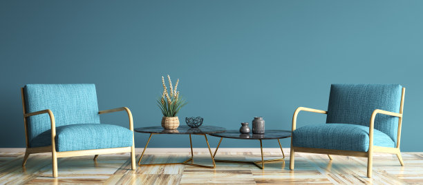 室内有蓝色扶手椅和两套咖啡桌在现代客厅，家居设计3d渲染图片下载