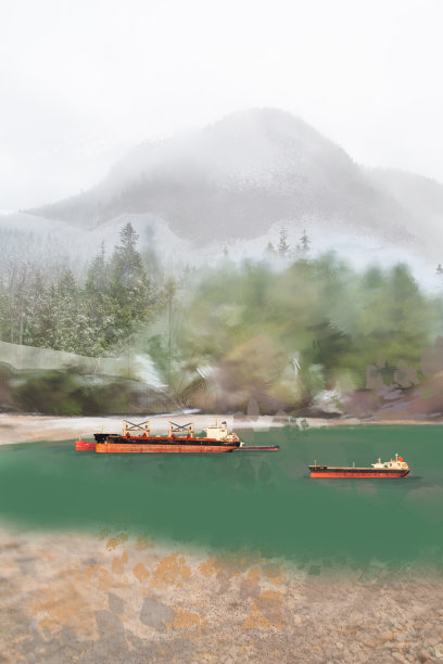 货轮停泊在山上一个安全平静的港口图片下载