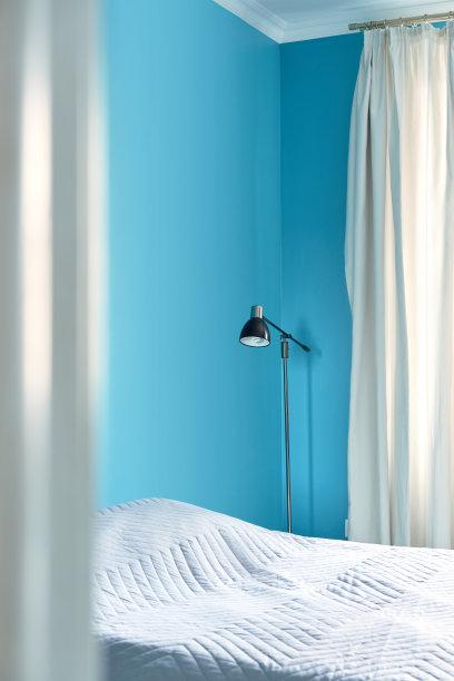 卧室内部有双人床。现代极简主义。图片下载