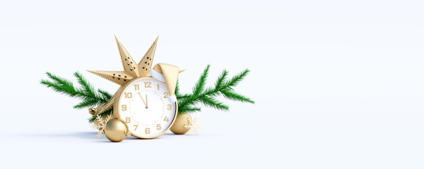 圣诞快乐，新年快乐贺卡。金色装饰和冷杉树在白色背景与复制空间3d渲染图片下载