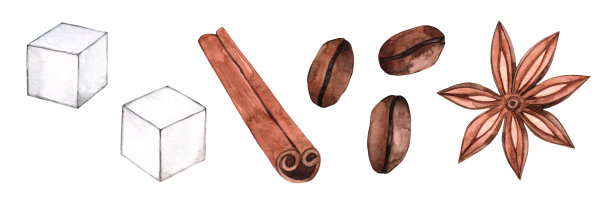 水彩套装咖啡香料。肉桂，茶，八角，谷物，糖。咖啡馆商店。烘焙食品和饮料的配料。孤立在白色背景上。图片下载
