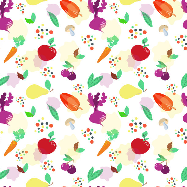 无缝模式上的白色背景。世界粮食日。10月16日。蔬菜和水果，蘑菇，香草和香料。适用于纺织品和包装。图片下载
