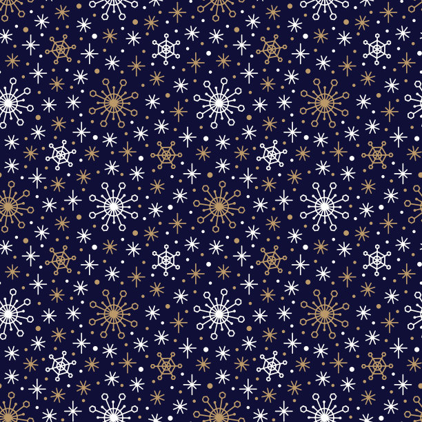 海军蓝背景上的极简主义圣诞节白色金雪花无缝图案矢量纹理，适用于冬季印花设计素材图片
