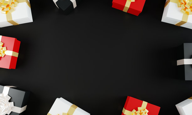 彩色礼物盒在黑色背景模型。前视图。节日礼物的概念。黑色星期五促销概念。3 d演示。图片下载