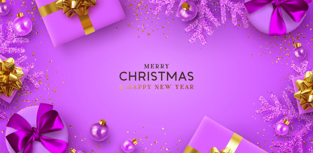 圣诞快乐，恭贺新禧。背景现实的圣诞礼盒设计，3d小球，闪光的金色纸屑。圣诞海报，贺卡。平铺，俯视图。假期作文图片下载