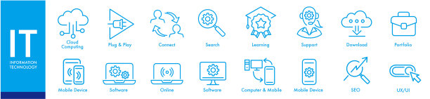 IT信息技术、软件、网站内容、网络系统、网页设计、移动设备、图标集可编辑笔画向量图片下载