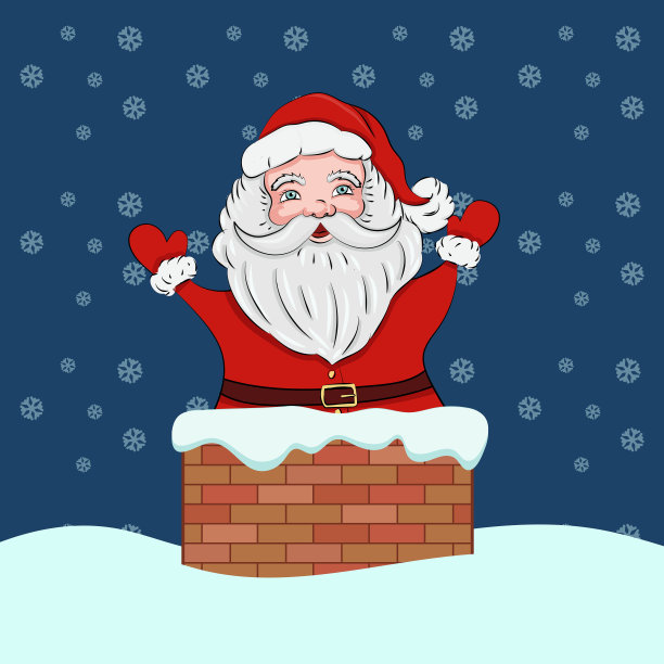 圣诞贺卡上有可爱的圣诞老人在烟囱里，在雪地的背景上。图片下载