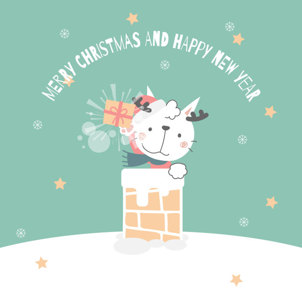 圣诞快乐，新年快乐，可爱的白猫和礼品盒礼物和烟囱在冬季的绿色背景图片下载