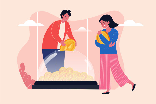 夫妻存钱，男人和女人把钱放在玻璃容器，财务说明图片下载