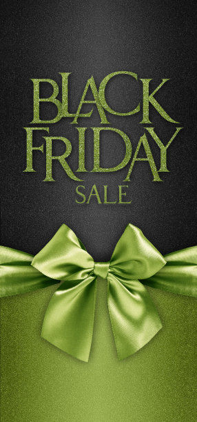 黑色星期五礼品卡与闪亮的绿色丝带蝴蝶结孤立在闪闪的黑色背景模板与黑色星期五销售文字，横幅广告标签促销折扣提供图片下载