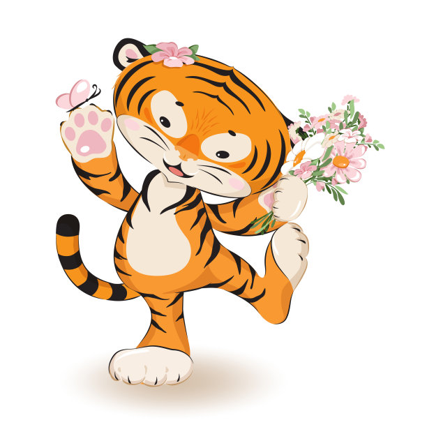 老虎幼崽在白色背景下与鲜花一起跳跃图片下载