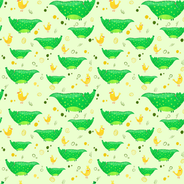 无缝图案与鳄鱼，鸟类和其他元素在光的背景。卡通风格的插图。设计服装面料和其他项目。图片下载