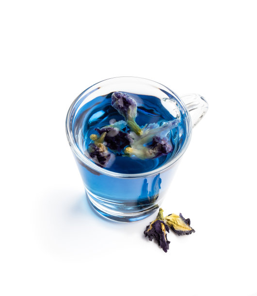 蝴蝶豌豆花茶在透明的玻璃杯隔离在白色图片下载