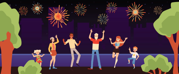 横幅上有人们在街上欢呼的烟花，平面矢量插图。图片下载