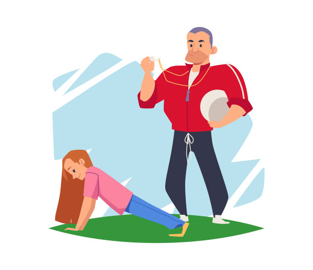 女生在教练的指导下做运动，矢量插图孤立。图片下载