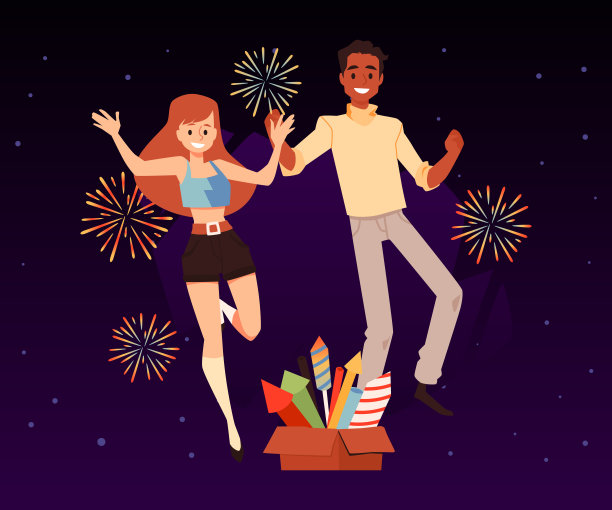 快乐的夫妇庆祝新年或生日派对，平面矢量插图。图片下载