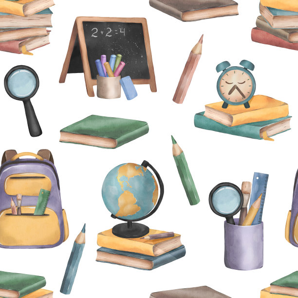可爱的水彩无缝图案与学校用品图片下载