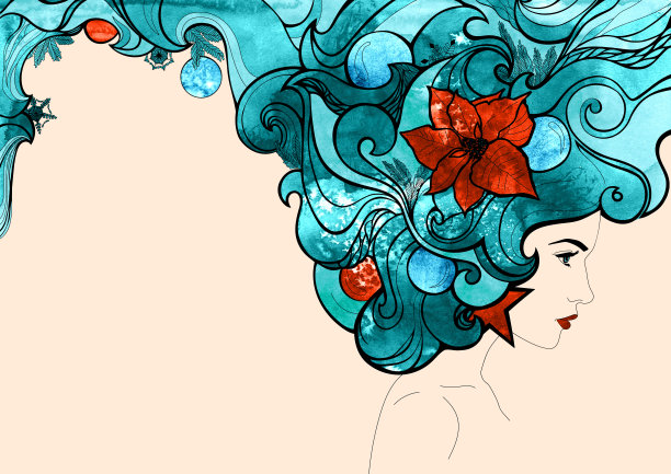 冬天的女孩。幻想明亮多彩的插图圣诞节或新年。用雪花和圣诞树装饰的发型。杂志、小册子、明信片或书的封面和封底。图片下载