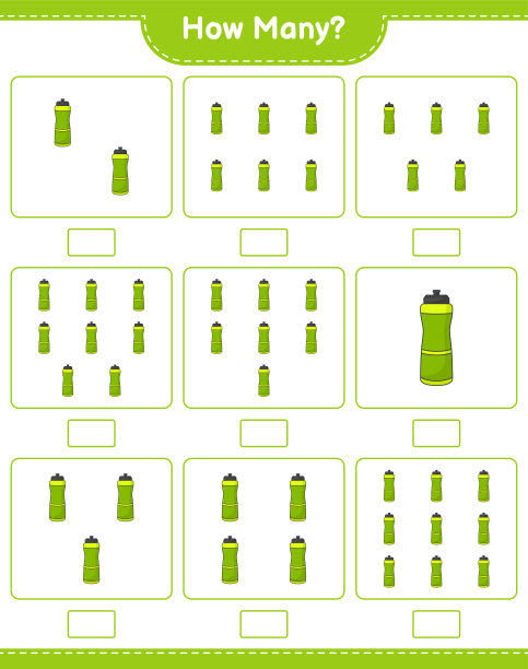 数游戏，有多少运动水瓶。教育儿童游戏，可打印的工作表，矢量插图图片下载
