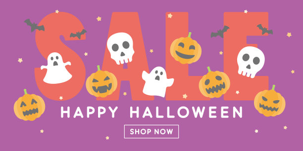 万圣节促销横幅设计(平面图标人物装饰:紫色)图片下载
