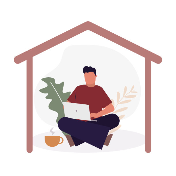 男性自由职业者在家工作。工作场所有卡通人。居家安全理念。专注、高效、自律地工作图片下载