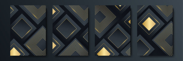 黑色和金色抽象背景四套。豪华封面模板。向量覆盖设计的标语牌，横幅，传单，报告和卡片图片下载