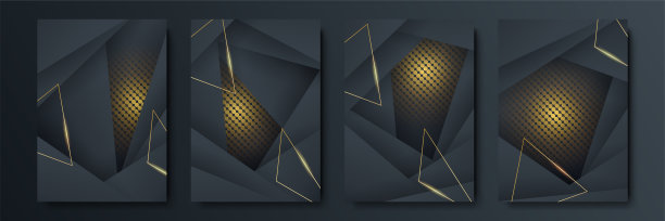 黑色和金色抽象背景四套。豪华封面模板。向量覆盖设计的标语牌，横幅，传单，报告和卡片图片下载