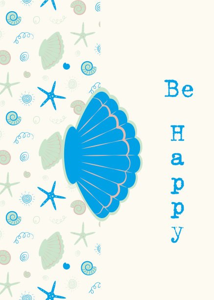 向量航海夏季卡片，旗帜与海星，贝壳和涂鸦。快乐的夏天。粉彩蓝色和绿色的传单。图片下载