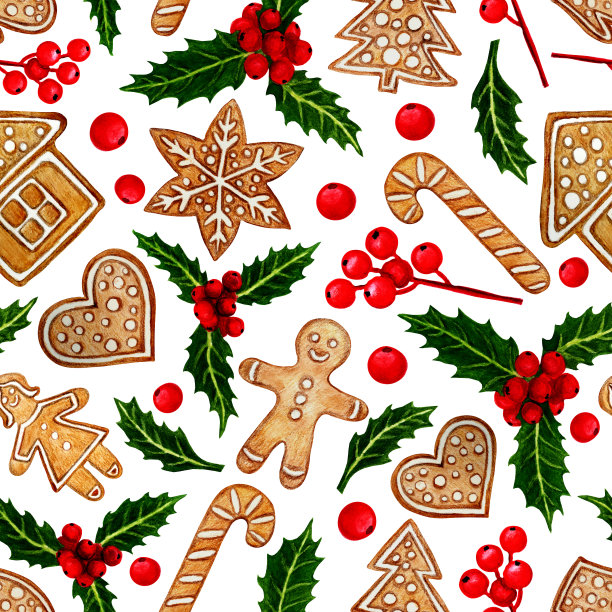 水彩画圣诞图案，红色浆果，圣诞饼干，白色背景。图片下载