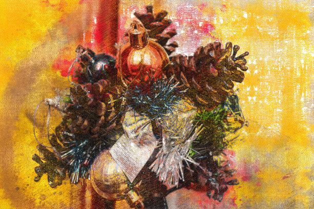 圣诞装饰。气球，圆锥体，金属丝衬托着五彩斑斓的背景。图片下载