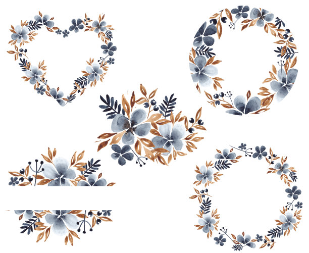 一套水彩花卉框架与花，叶子，草药隔离在白色的背景。鲜花贺卡或请柬。海军蓝色图片下载