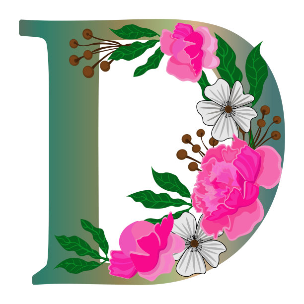 字母D带花，孤立在白色背景上。图片下载