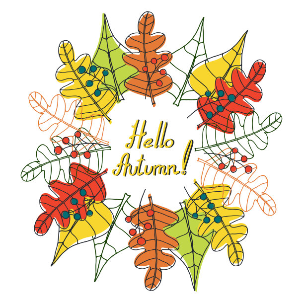 用浆果的叶子和树枝装饰的插图，上面写着:“你好，秋天!”图片下载
