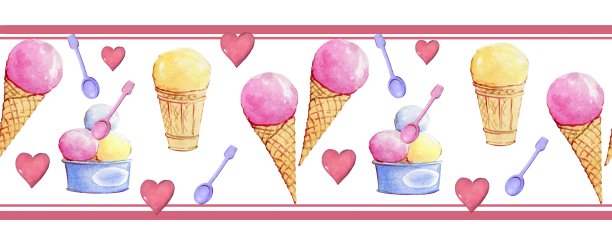 水彩插图。精致的甜点，冰淇淋。无缝边界模式图片下载