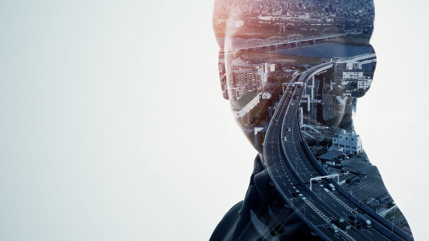 男人的轮廓和现代的城市景观。双重曝光。图片下载