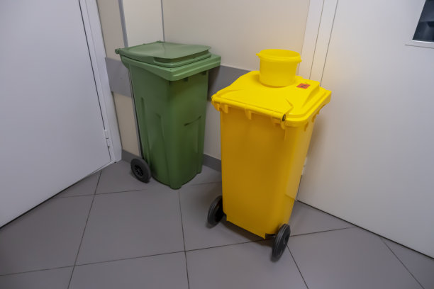 房间的角落里有两个不同颜色的垃圾箱图片下载