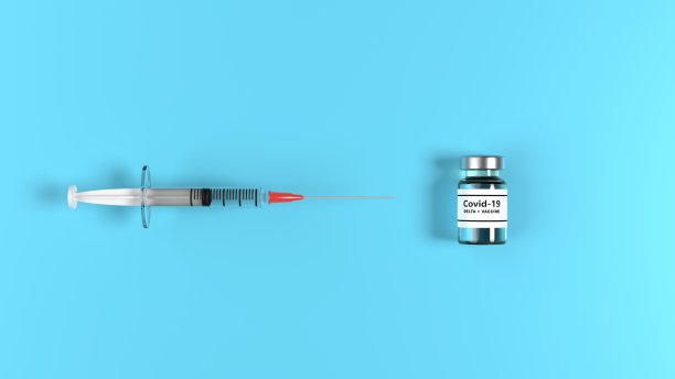 冠状病毒Covid-19三角洲变种疫苗和蓝色背景注射器图片下载