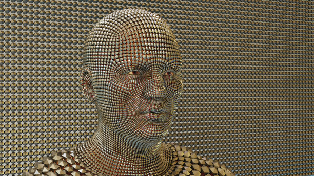 人工智能机器人金属面菱形图案人体轮廓视图技术未来机器人机器3D插图图片下载