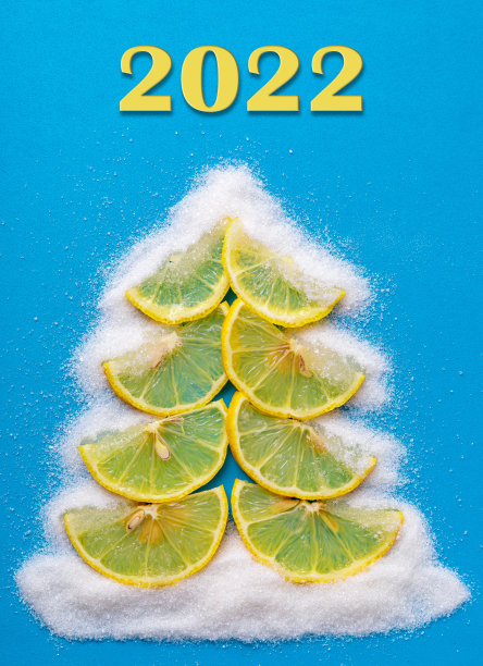 在蓝色背景上用柠檬和糖做成的圣诞树图片下载