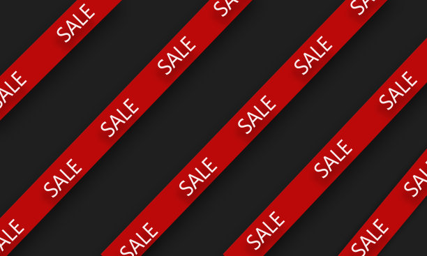 销售标志的概念。红色丝带，黑色背景上有销售标志。“黑色星期五”的概念。模型。图片下载