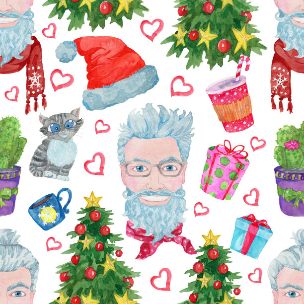 无缝模式与酷圣诞老人作为嬉皮士，装饰针叶树，礼物盒和有趣的猫在白色背景。图片下载