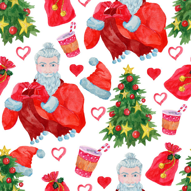无缝模式与酷圣诞老人作为嬉皮士显示心符号，装饰针叶树，杯子和袋的礼物对白色的背景。图片下载