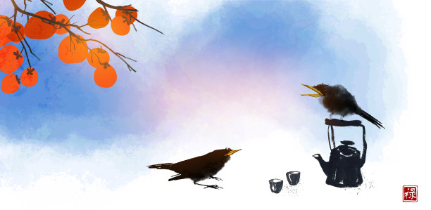 柿子树下两只黑鸟和老茶壶。东方茶道。传统东方水墨画梅花、梅花、梅花。象形文字——幸福图片下载
