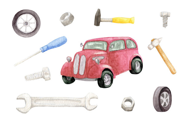 水彩画与手工具一辆车和一辆红色的车。锤子、螺母和螺丝刀。儿童水彩画套贴纸的男孩。图片下载