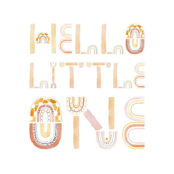 你好小一手绘水彩文本为新生儿淋浴卡派对孤立在白色背景。抽象可爱的字母彩虹设计适用于婴儿服装、纺织品、包装。图片下载